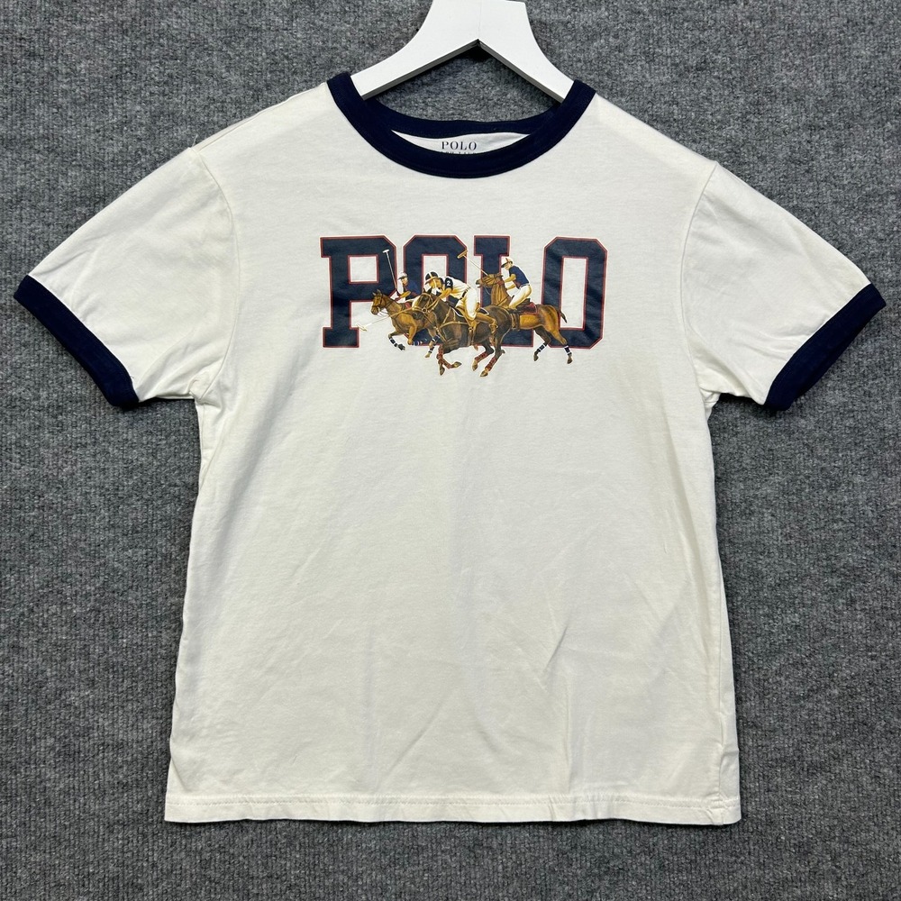 Polo Ralph Lauren Ringer T-Shirt Boys White Navy Blue Logo Graphic Tee - Medium